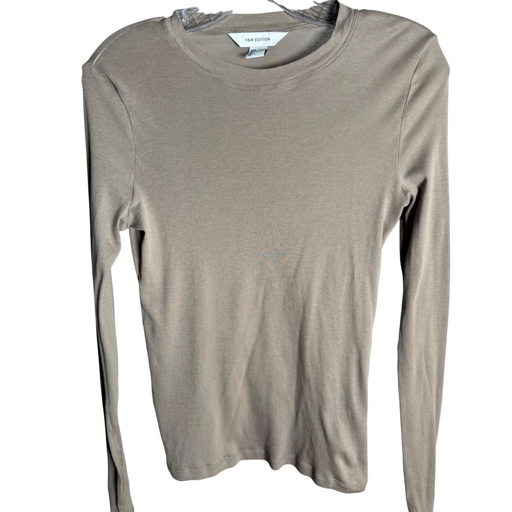 H&M EDITION Long Sleeve Tee Womens Medium Taupe Brown 100% Cotton Basic